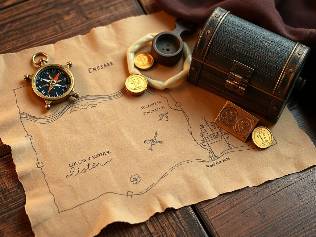 Akcesoria pirackie: mapa skarbów, kompas, monety