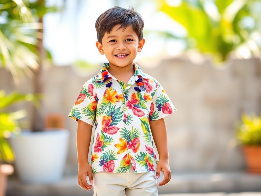 Chłopiec w małej koszuli hawajskiej i jasnych szortach, z naszyjnikiem lei