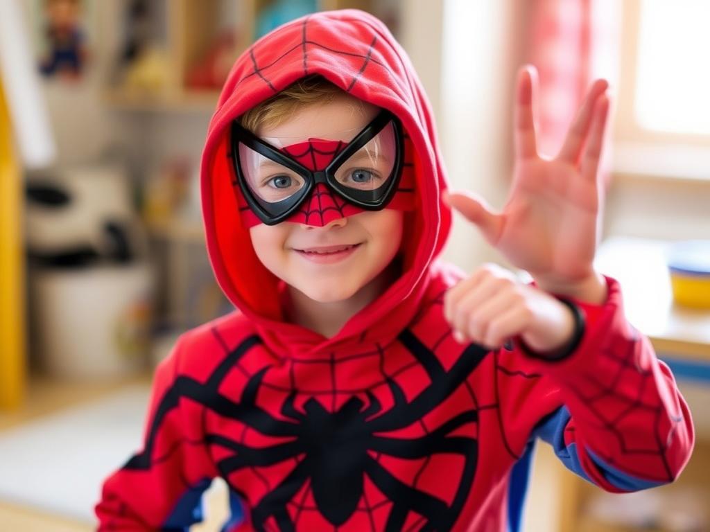 Chłopiec w samodzielnie wykonanym stroju Spidermana