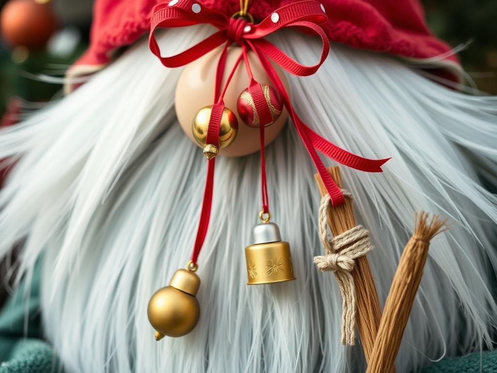 Detale dekoracyjne dużego skrzata - dzwoneczki, wstążki i miniaturowe akcesoria