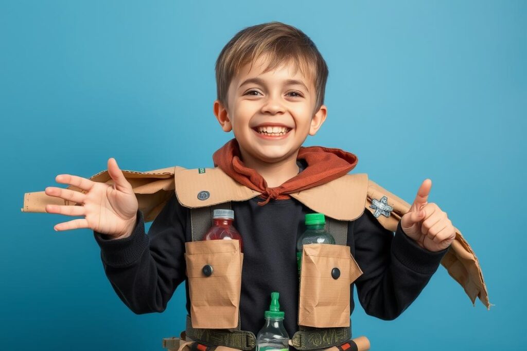 Dumny chłopiec prezentujący swój ekologiczny strój wykonany z materiałów z recyklingu