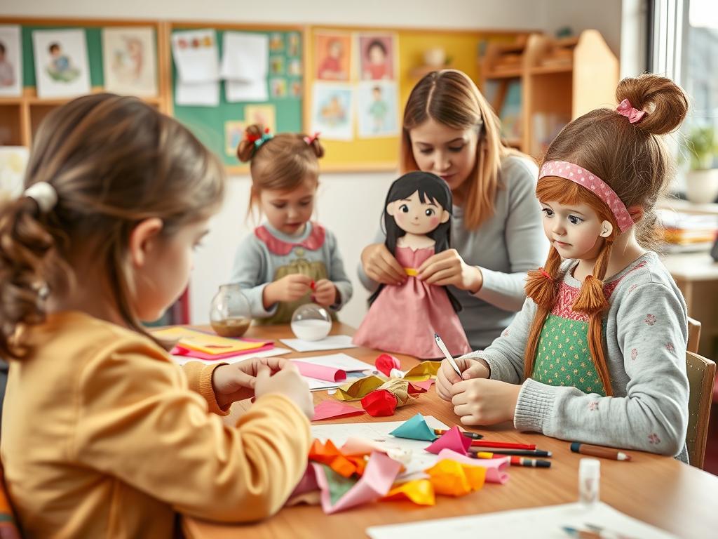 Dzieci tworzące papierowe marzanny podczas zajęć plastycznych