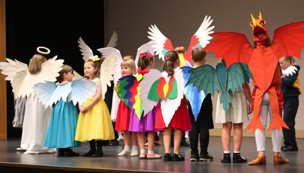 Dzieci w kostiumach ze skrzydłami z kartonu podczas przedstawienia