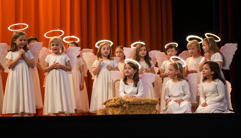 Dzieci w strojach aniołków z aureolami podczas jasełek, pokazujące praktyczne zastosowanie aureoli