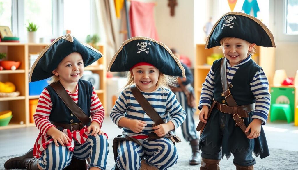 Dzieci w strojach piratów bawiące się razem