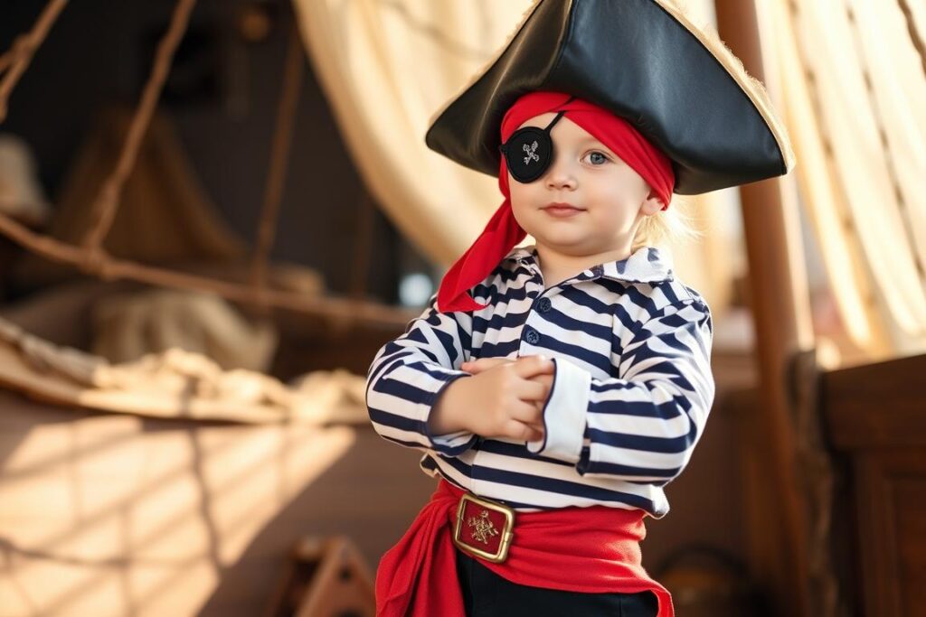 Dziecko przebrane za pirata z kapeluszem i opaską na oko