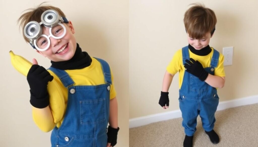 Dziecko w kompletnym stroju minionka z własnoręcznie wykonanymi okularami