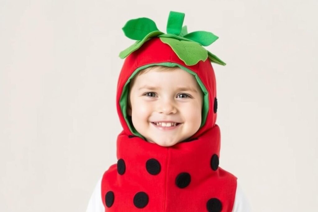 Dziecko w kostiumie truskawki wykonanym metodą DIY