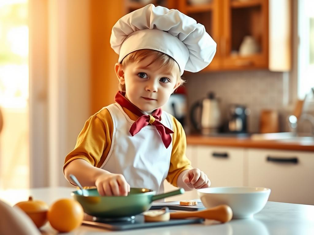 Dziecko w pełnym stroju kucharza podczas zabawy w gotowanie