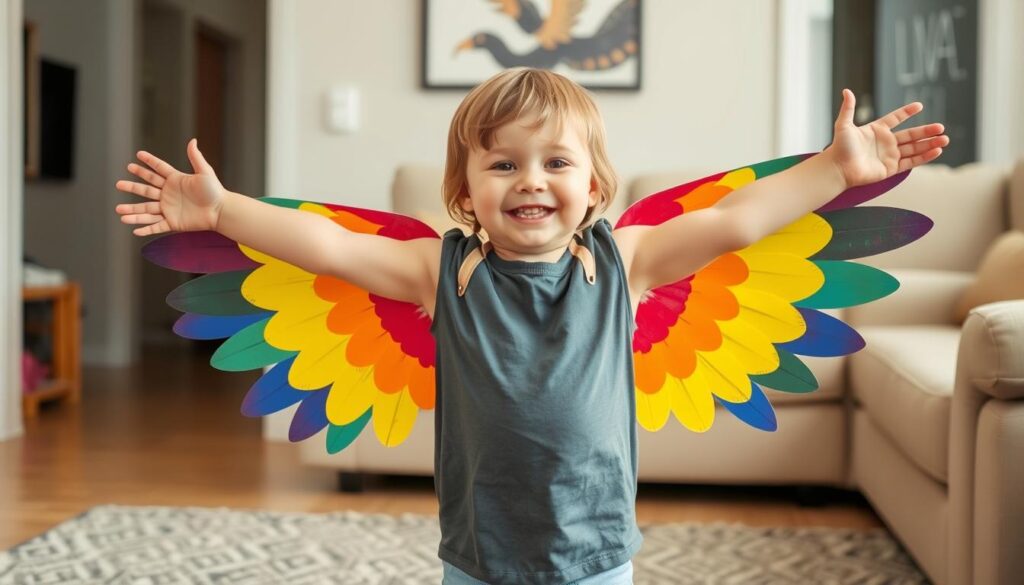Dziecko w stroju ptaka z kolorowymi skrzydłami z kartonu