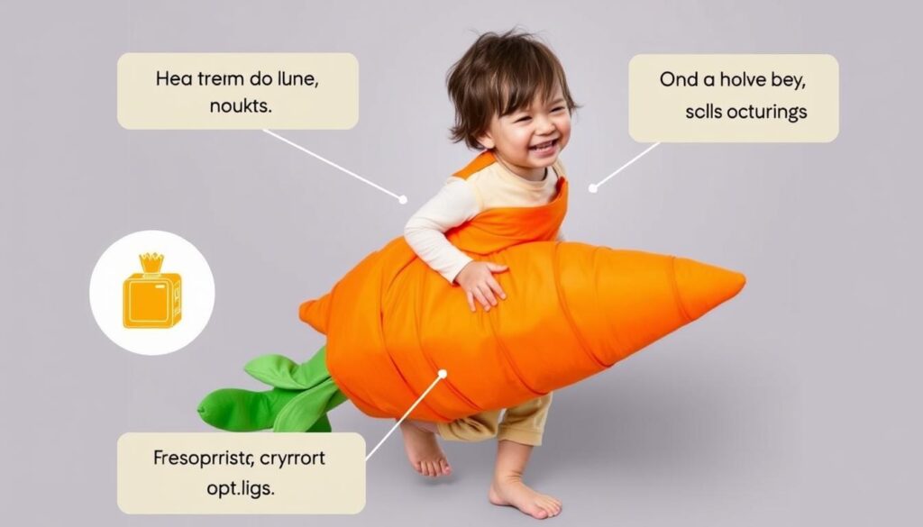 Dziecko w wygodnym kostiumie marchewki swobodnie się poruszające