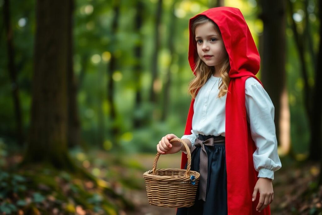 Dziewczynka przebrana za Czerwonego Kapturka z koszykiem