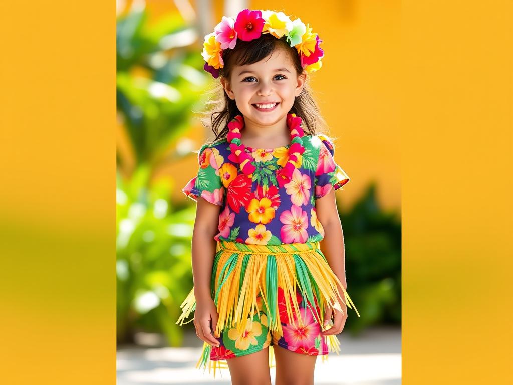 Dziewczynka w kolorowej spódniczce hawajskiej i topie z kwiatowym motywem, z wiankiem na głowie
