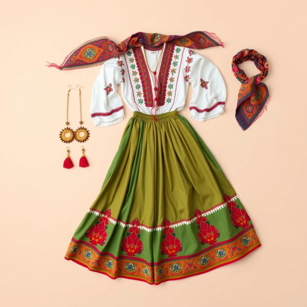 Elementy składowe stroju cyganki: spódnica, chusta i biżuteria