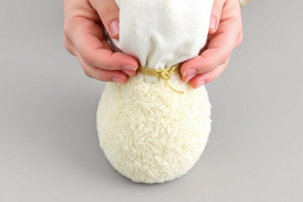 Formowanie tułowia dużego skrzata przez wypełnianie skarpety ryżem