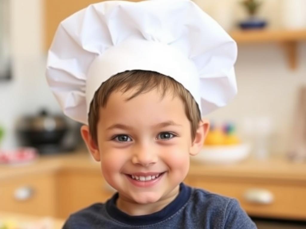 Gotowa czapka kucharska z papieru na głowie dziecka