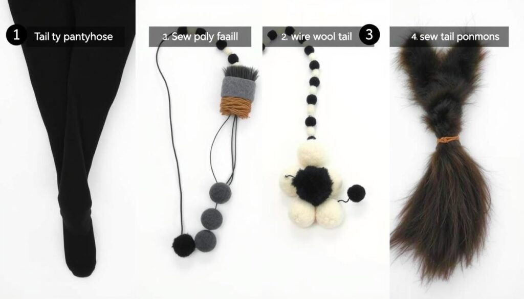 Gotowe ogony kota wykonane różnymi metodami - z rajstop, drutu, wełny i uszyte