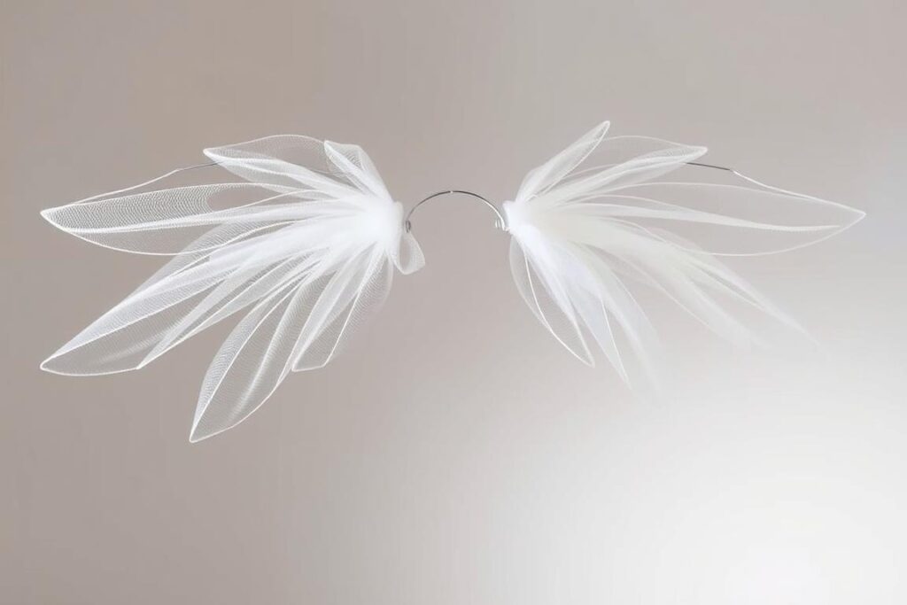 Gotowe skrzydła anioła z drutu pokryte białym tiulem