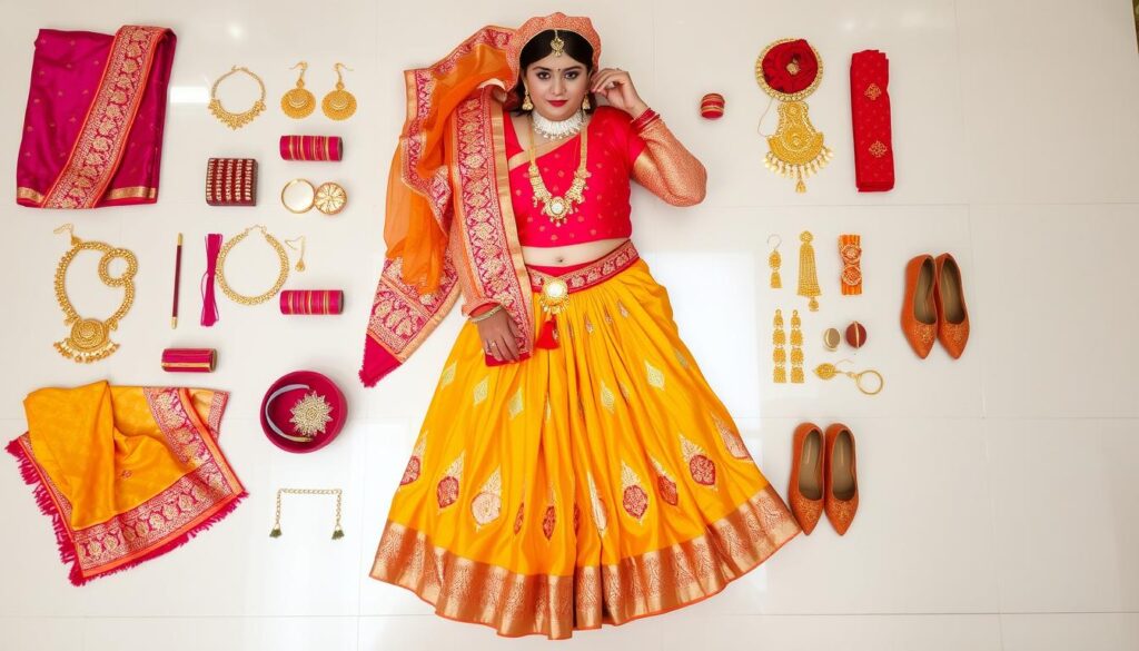 Gotowy strój hinduski w pełnej krasie z wszystkimi dodatkami