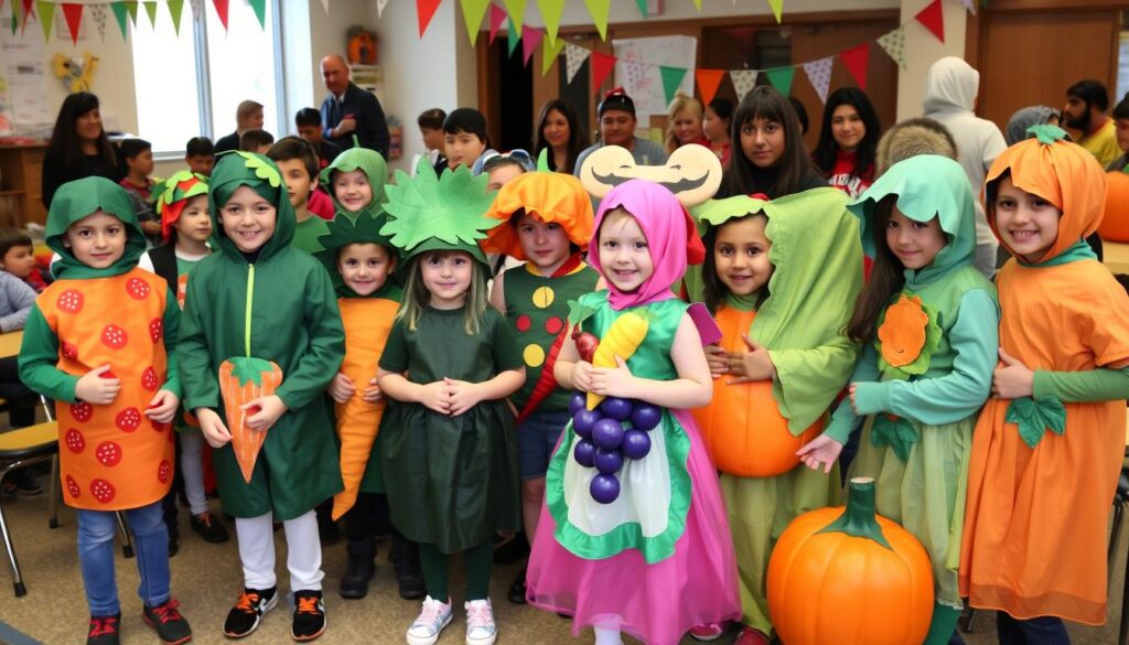 Grupa dzieci i dorosłych w różnych kostiumach owocowo-warzywnych na balu przebierańców