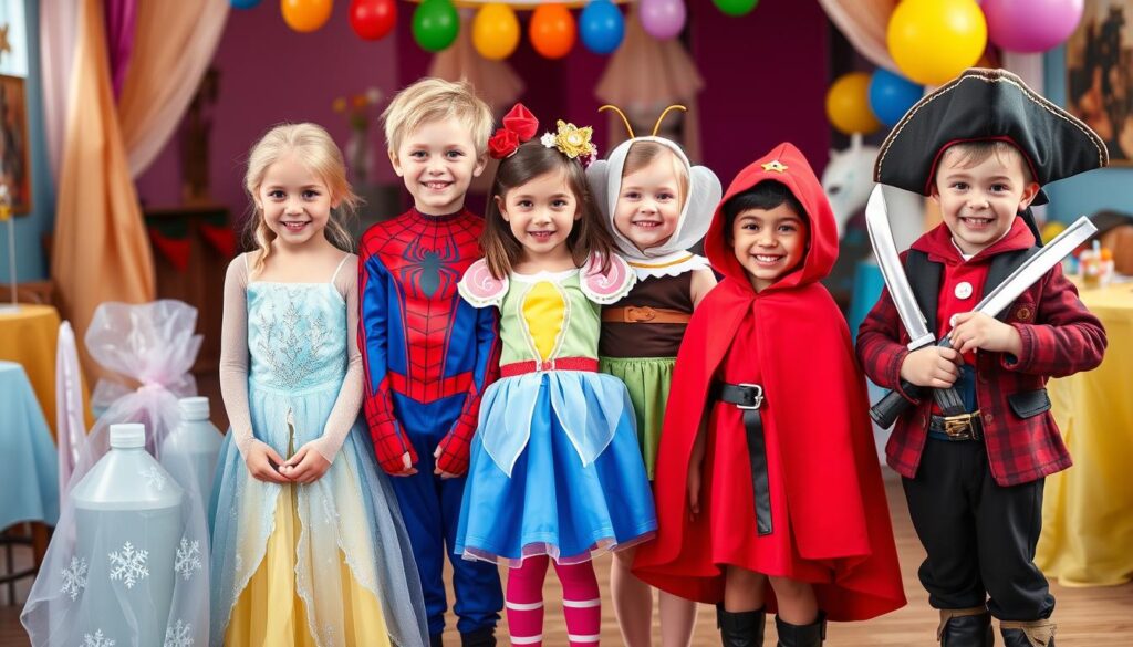 Grupa dzieci w samodzielnie wykonanych strojach postaci z bajek