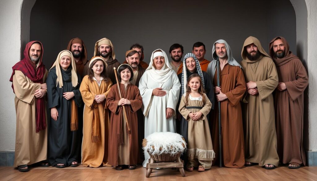 Grupa osób w autentycznych strojach pasterzy na jasełkach - jak wygląda pasterz