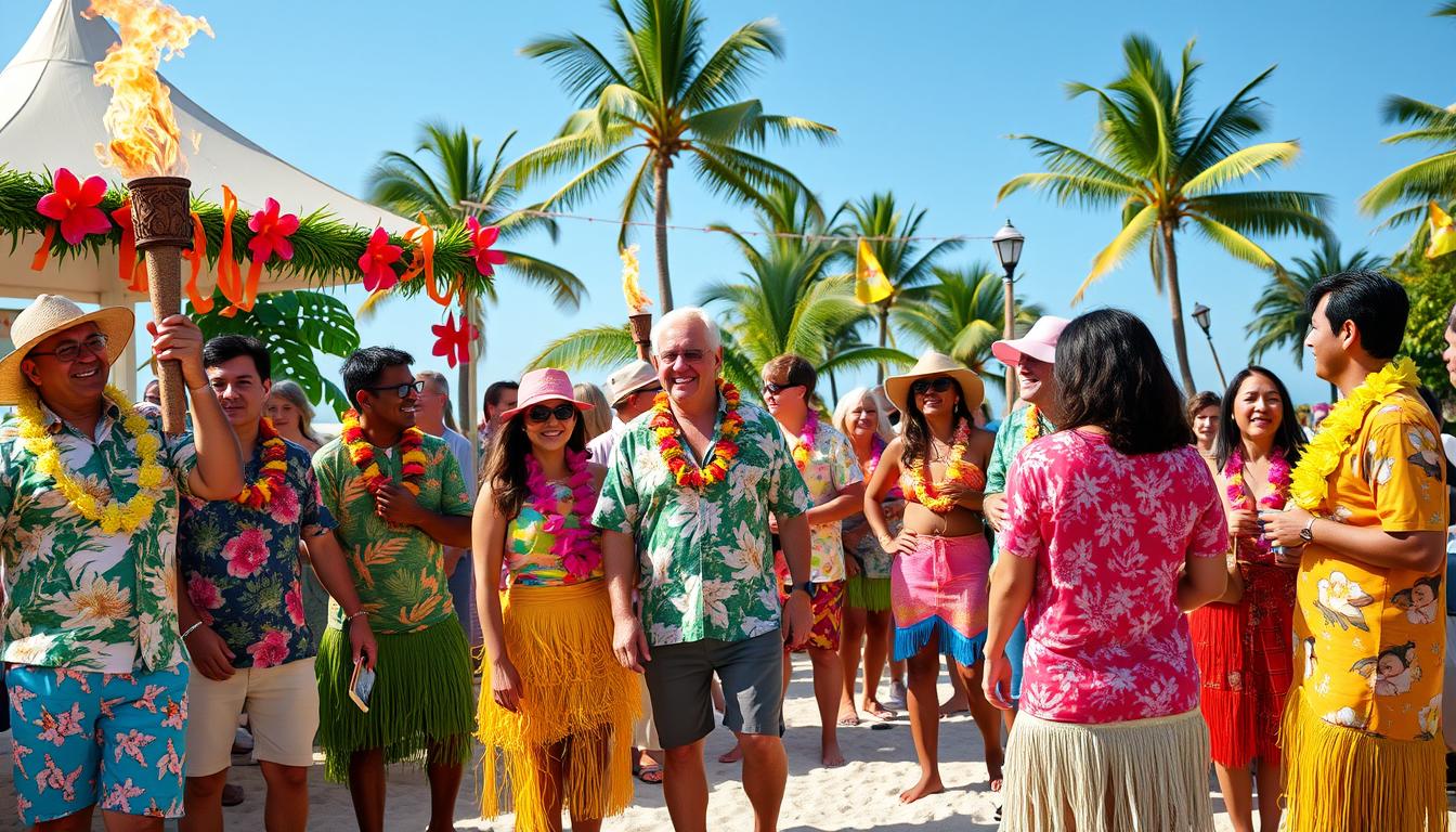 Grupa osób w kolorowych strojach hawajskich na imprezie plażowej z girlandami kwiatów i tropikalnymi dekoracjami
