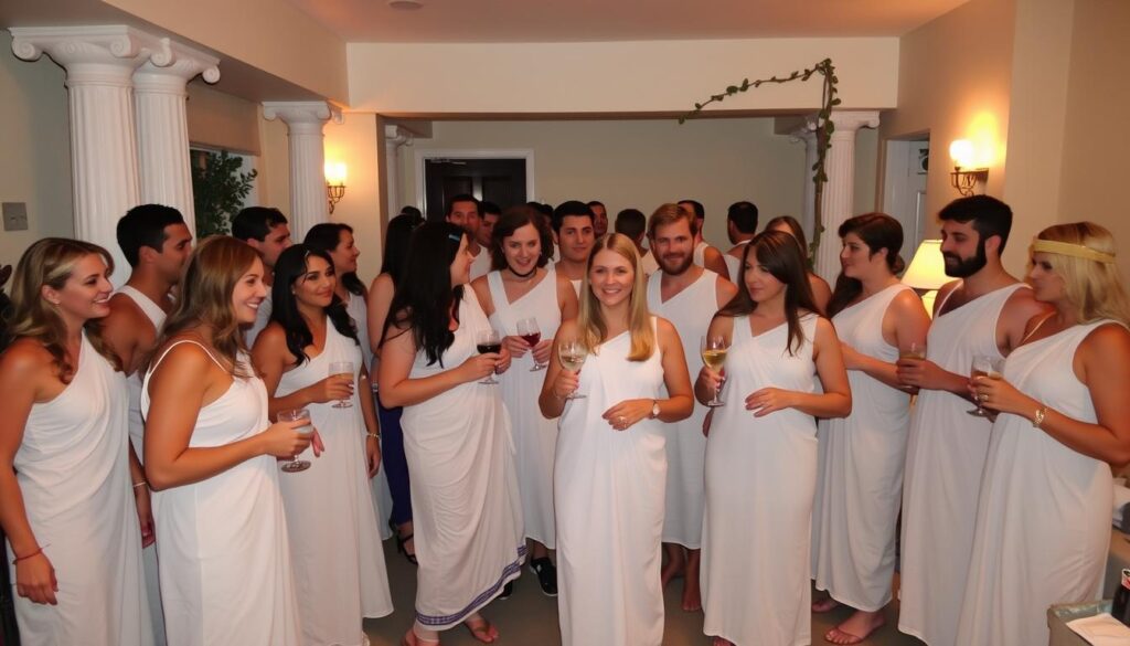 Grupa osób w strojach greckich na imprezie tematycznej