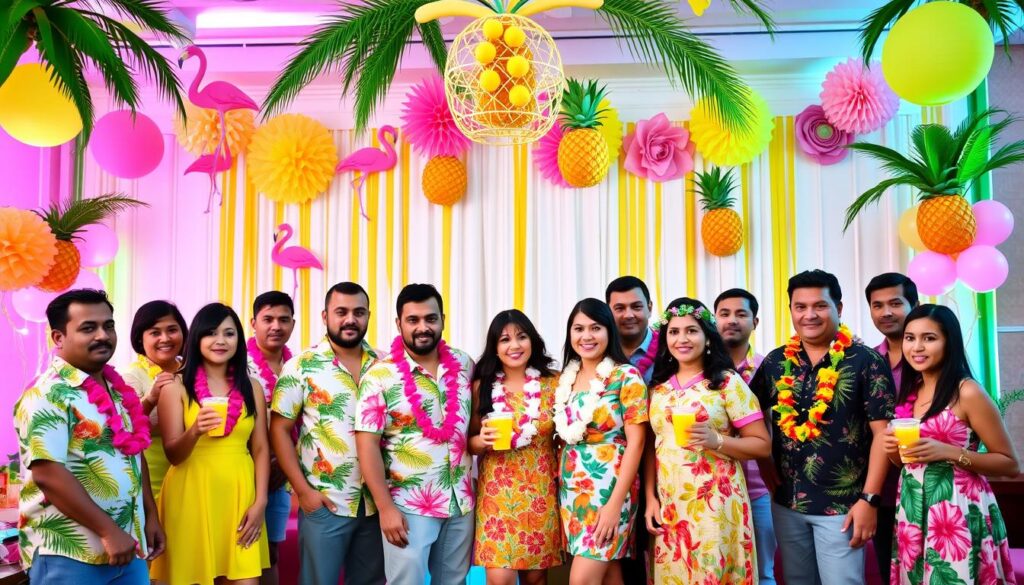 Impreza hawajska z dekoracjami w postaci palm, flamingów i ananasów, z gośćmi w dopasowanych kolorystycznie strojach