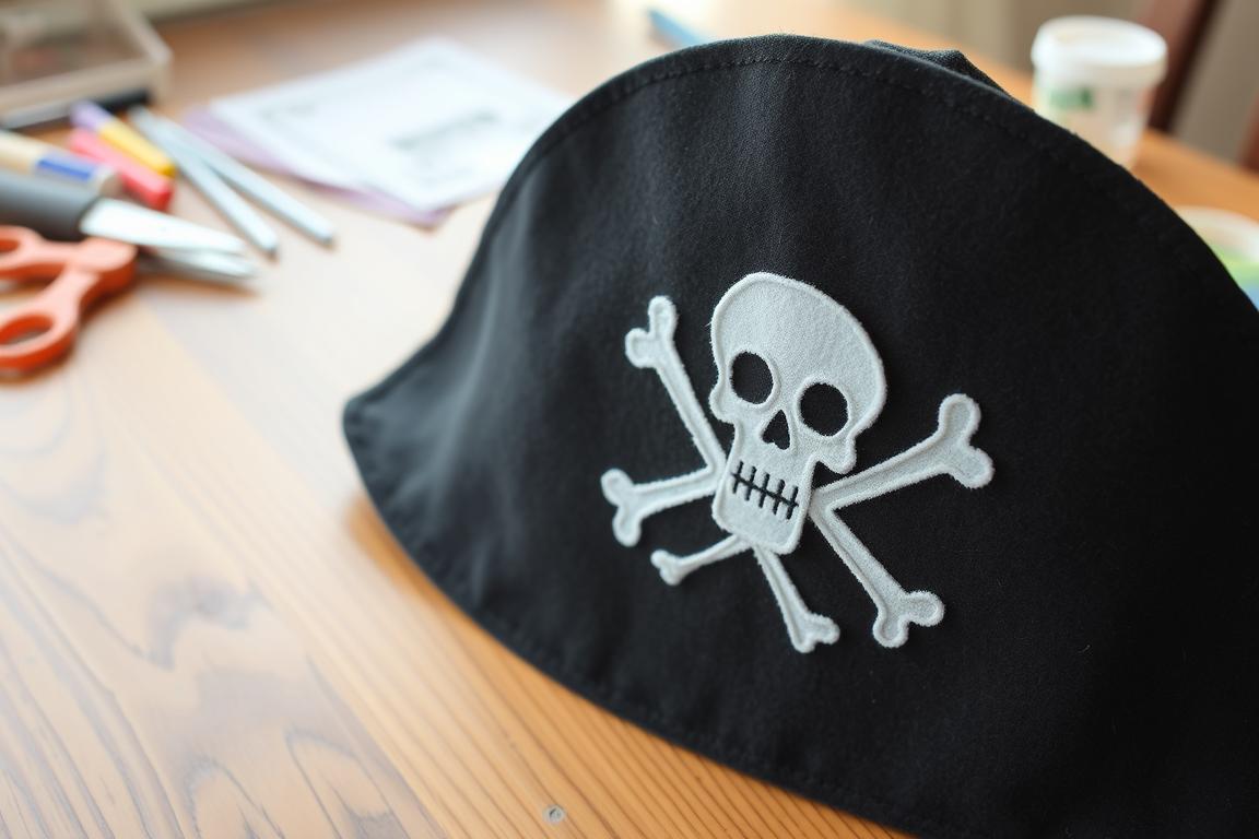 Kapelusz pirata DIY wykonany z czarnego filcu i ozdobiony symbolem czaszki i piszczeli