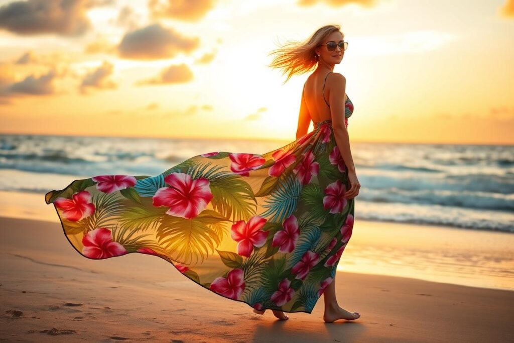 Kobieta w długiej, zwiewnej sukience z tropikalnym wzorem na plaży o zachodzie słońca