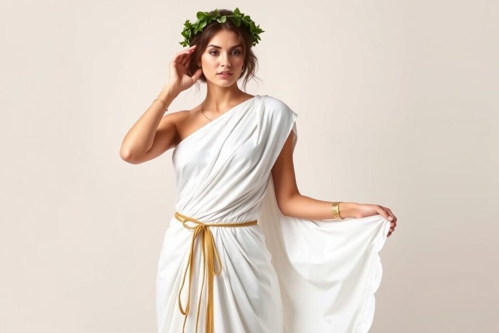 Kobieta w stroju bogini greckiej wykonanym z prześcieradła