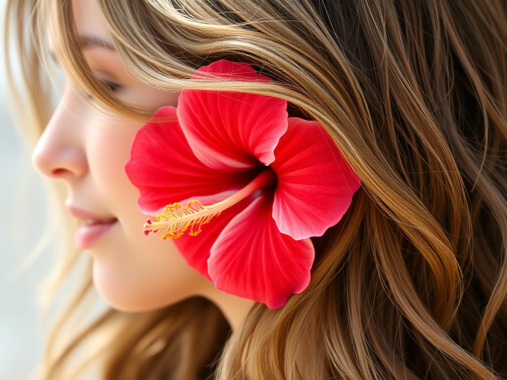 Kobieta z kwiatem hibiskusa wpiętym we włosy i delikatnymi falami w stylu plażowym