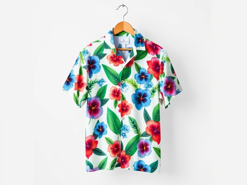 Kolorowa koszula hawajska z motywem kwiatów hibiskusa i liści palmowych na wieszaku