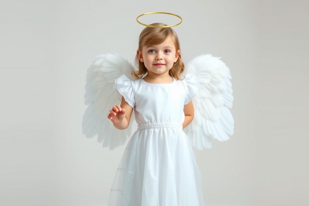 Kompletny strój aniołka z aureolą, białą sukienką i skrzydłami, pokazujący jak aureola komponuje się z całością