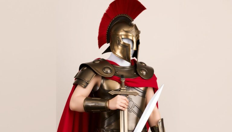 Kompletny strój boga greckiego Aresa z hełmem, zbroją i mieczem
