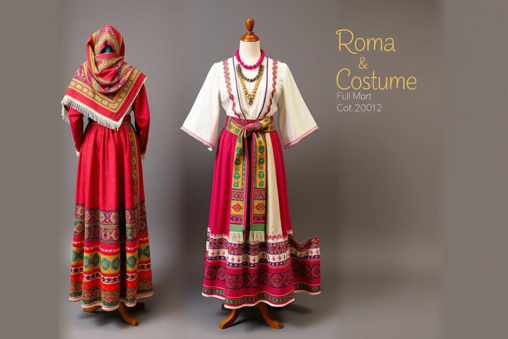 Kompletny strój cyganki z wszystkimi elementami: spódnicą, bluzką, chustą i biżuterią