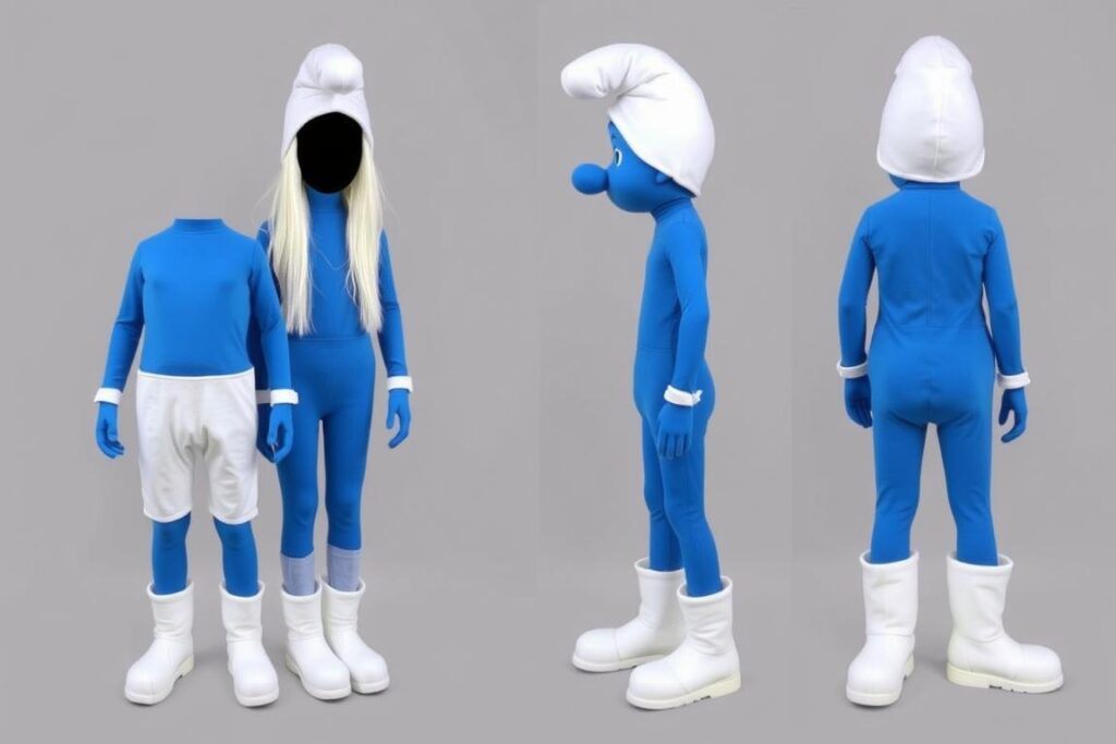 Kompletny strój smerfa z czapką, niebieskim kostiumem i białymi butami