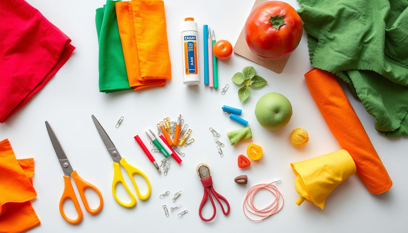 Materiały do wykonania przebrania za owoc lub warzywo rozłożone na stole