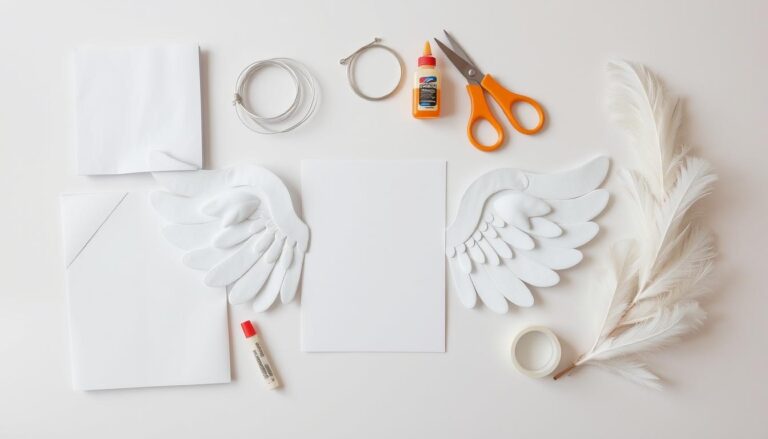 Materiały do wykonania skrzydeł anioła: karton, papier, drut, klej, nożyczki, taśma klejąca i pióra