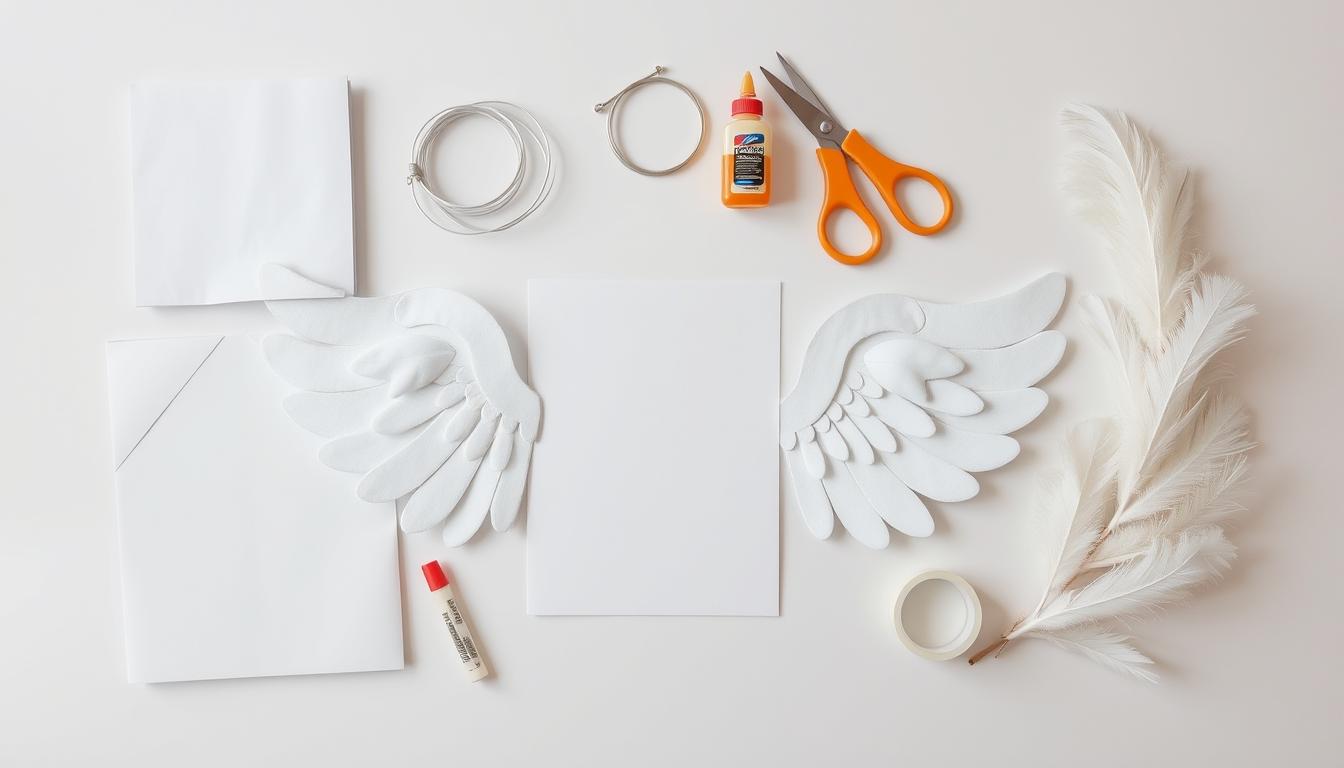 Materiały do wykonania skrzydeł anioła: karton, papier, drut, klej, nożyczki, taśma klejąca i pióra