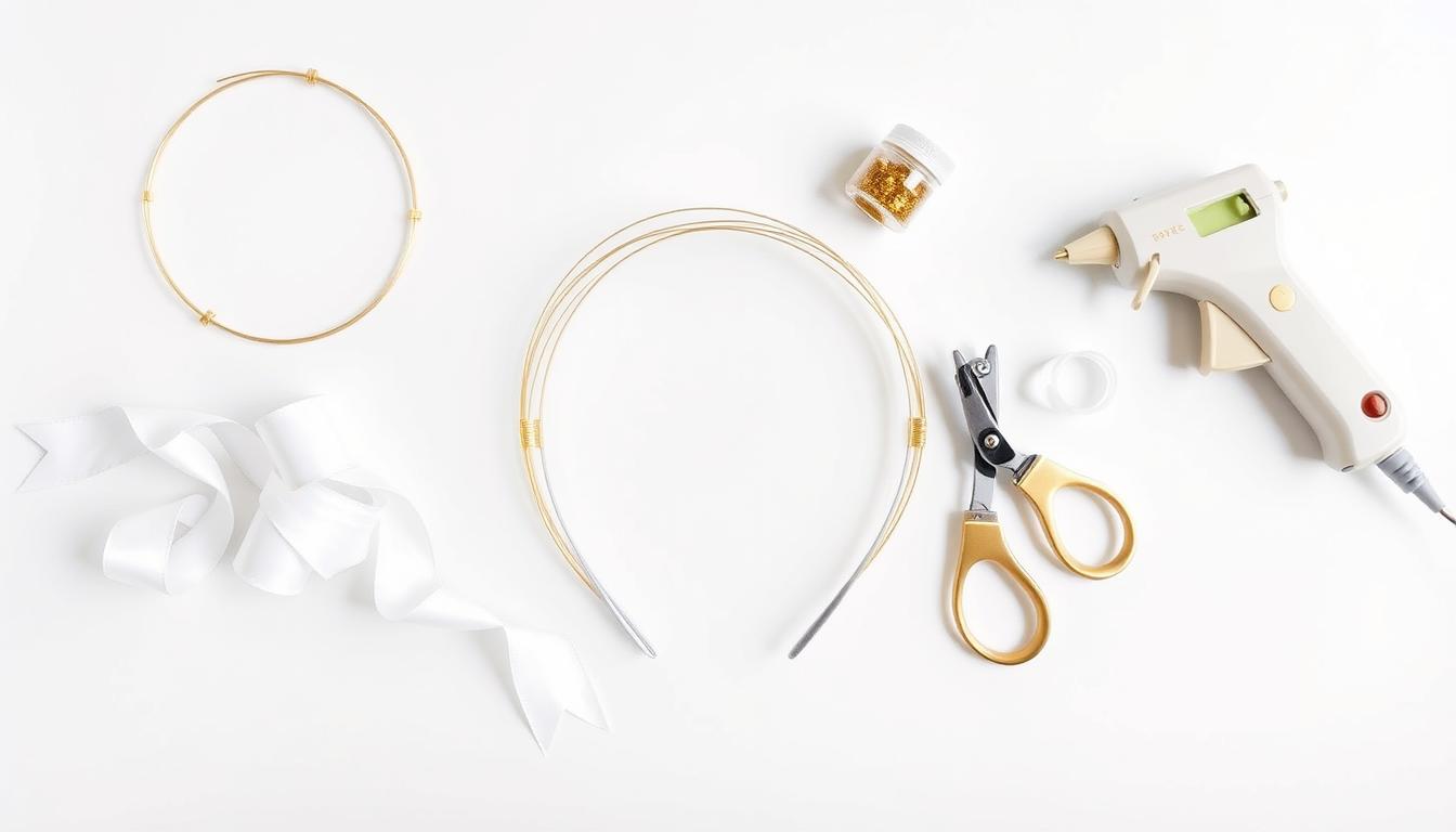 Materiały potrzebne do wykonania aureoli anioła, w tym drucik kreatywny, opaska do włosów i ozdoby