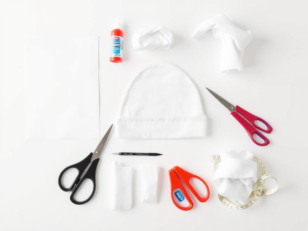 Materiały potrzebne do wykonania czapki smerfa - biały papier, biała tkanina, nożyczki, klej i taśma miernicza
