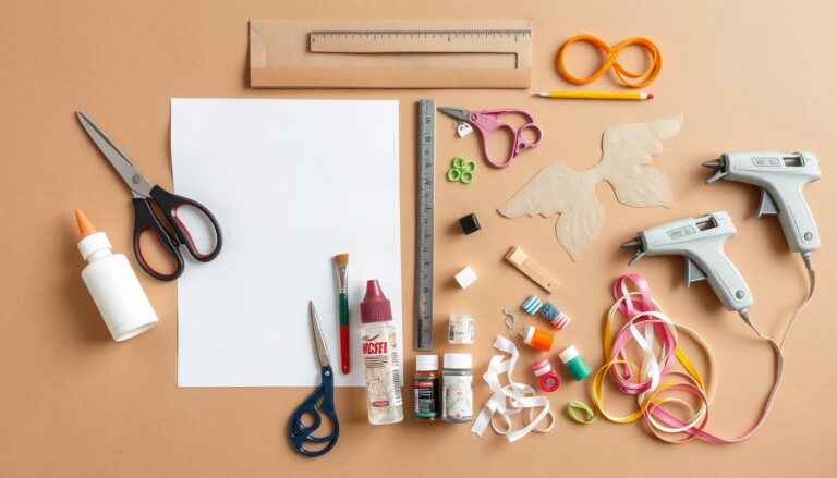 Materiały potrzebne do wykonania skrzydeł z kartonu rozłożone na stole