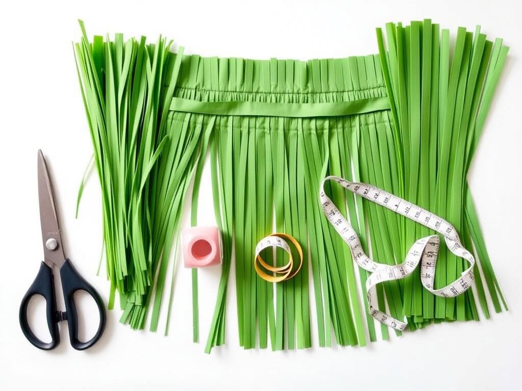 Materiały potrzebne do wykonania spódnicy hawajskiej - rafia, gumka elastyczna, nożyczki i taśma miernicza