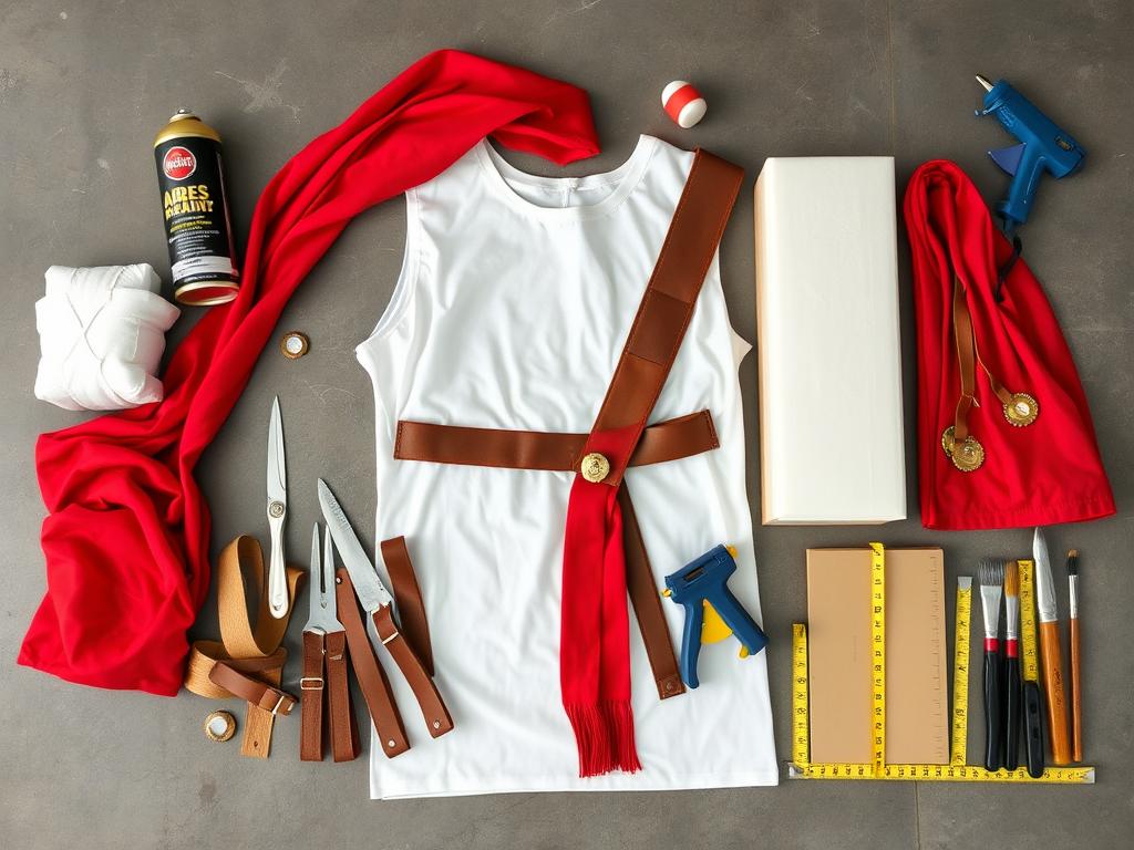 Materiały potrzebne do wykonania stroju boga greckiego Aresa rozłożone na stole