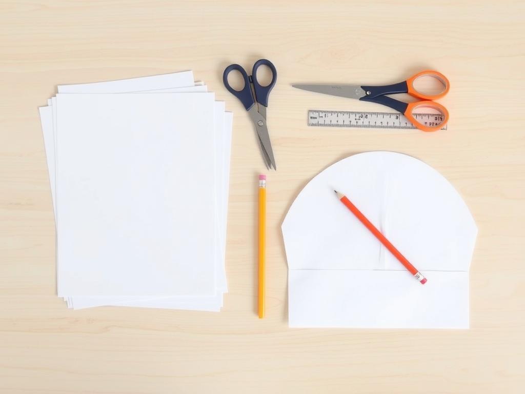 Materiały potrzebne do zrobienia czapki kucharskiej z papieru: biały papier, nożyczki, taśma klejąca, linijka i ołówek