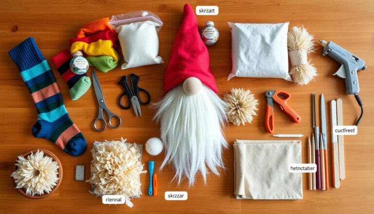 Materiały potrzebne do zrobienia dużego skrzata skandynawskiego, w tym skarpety, tkaniny, ryż i inne akcesoria