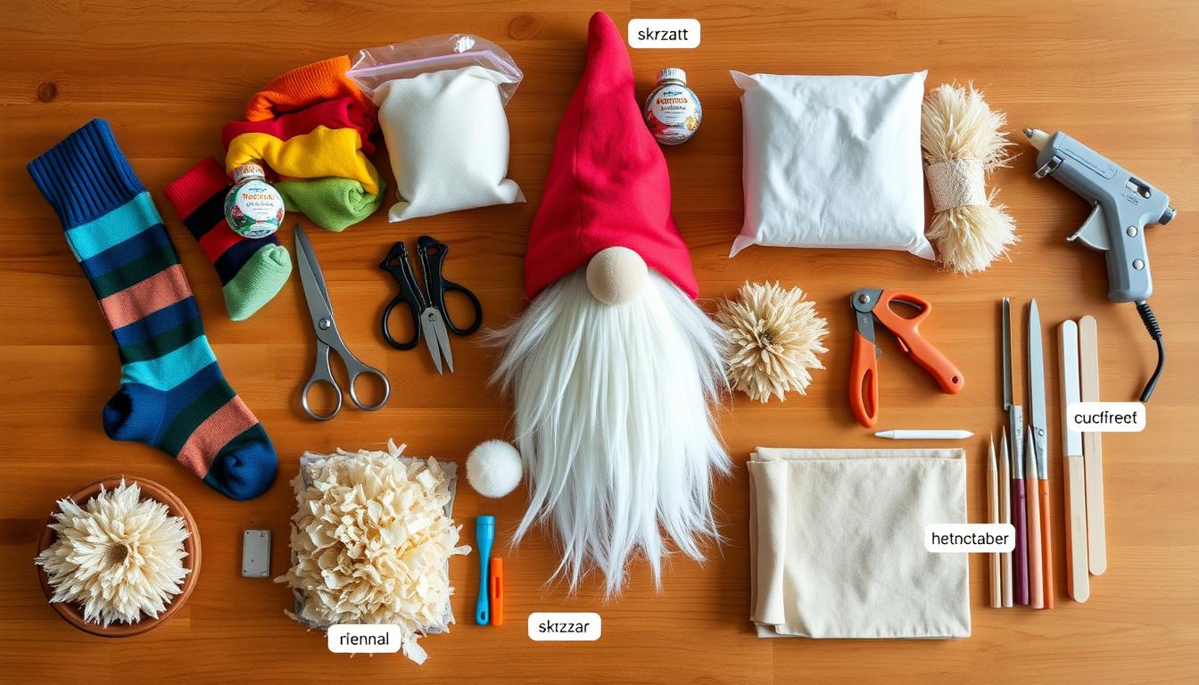 Materiały potrzebne do zrobienia dużego skrzata skandynawskiego, w tym skarpety, tkaniny, ryż i inne akcesoria