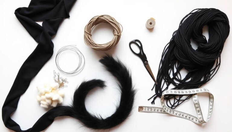 Materiały potrzebne do zrobienia ogona kota - rajstopy, drut, wełna, wypełnienie i narzędzia